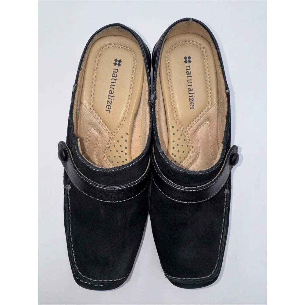 Naturalizer Black Leather Suede JOYFUL Mule Slip On Women's Size 4.5M Square Toe